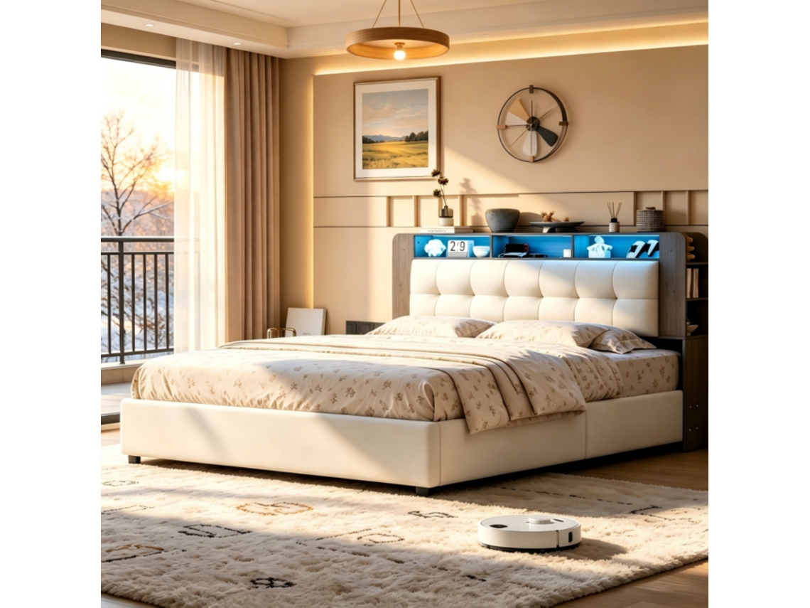 Cama De 140 X 200 Con Canapé, Cama Doble, Cama Para Adultos Con Sistema Hidráulico, Luces Led Y Cargador Inalámbrico, Tapizada Para Dos Personas