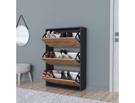 Zapatero Aurskog 3 compartimentos máx. 18 pares aglomerado 110 x 74 x 24 cm Antracita y Efecto Roble [EN.CASA]