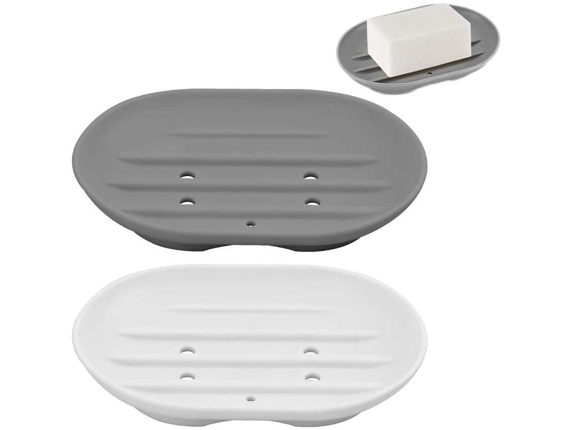 Juego de jaboneras portátiles flexibles de silicona antideslizante con drenaje automático para duchas y bañeras (paquete de 2)