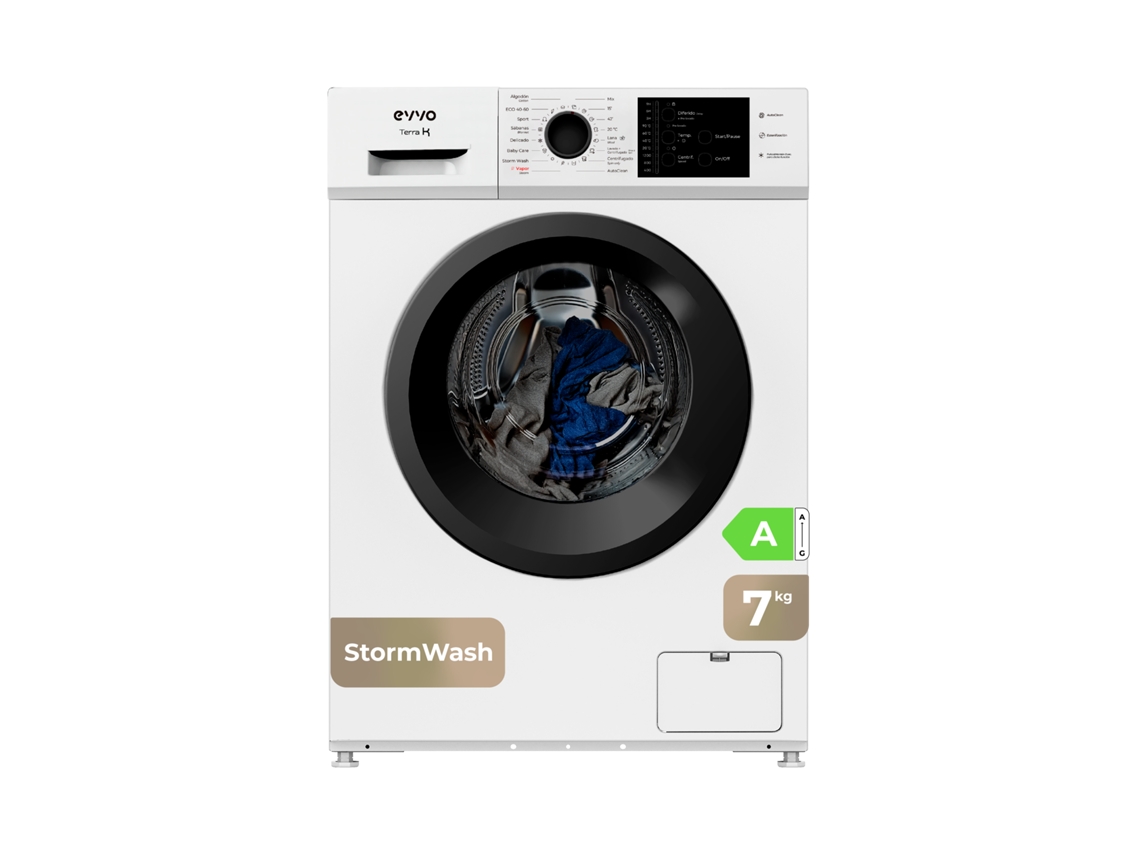 Evvo Lavadora 7 Kg Terra K7, 1200 Rpm, Clase A, 15 Programas, Vapor Steam Wash, Lavado Rápido 15', Inicio Diferido, Blanca.