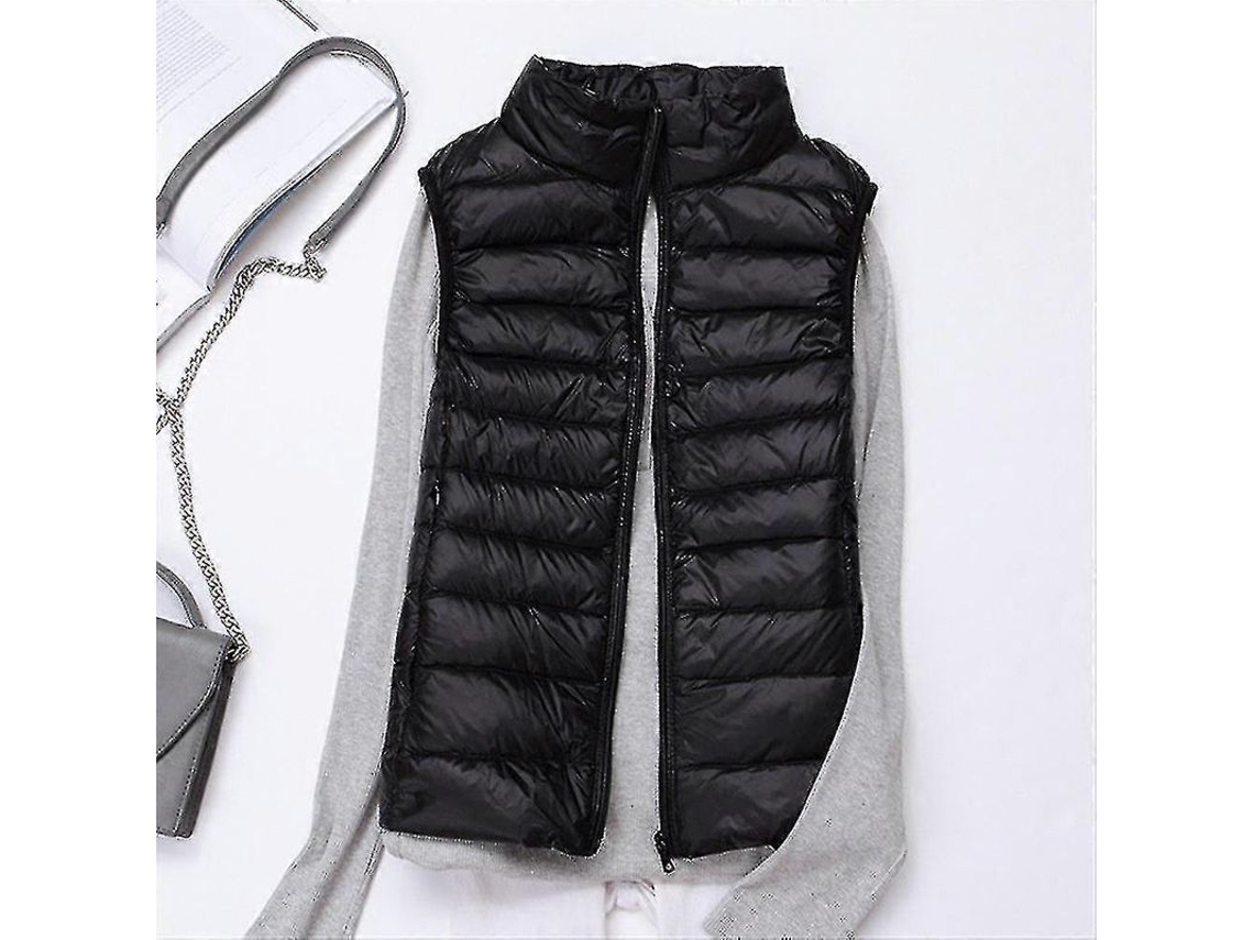 Chaleco De Plumas Para Mujer Ligero Acolchado Con Cremallera Cierre Alto Invierno Sin Mangas Negro L Negro