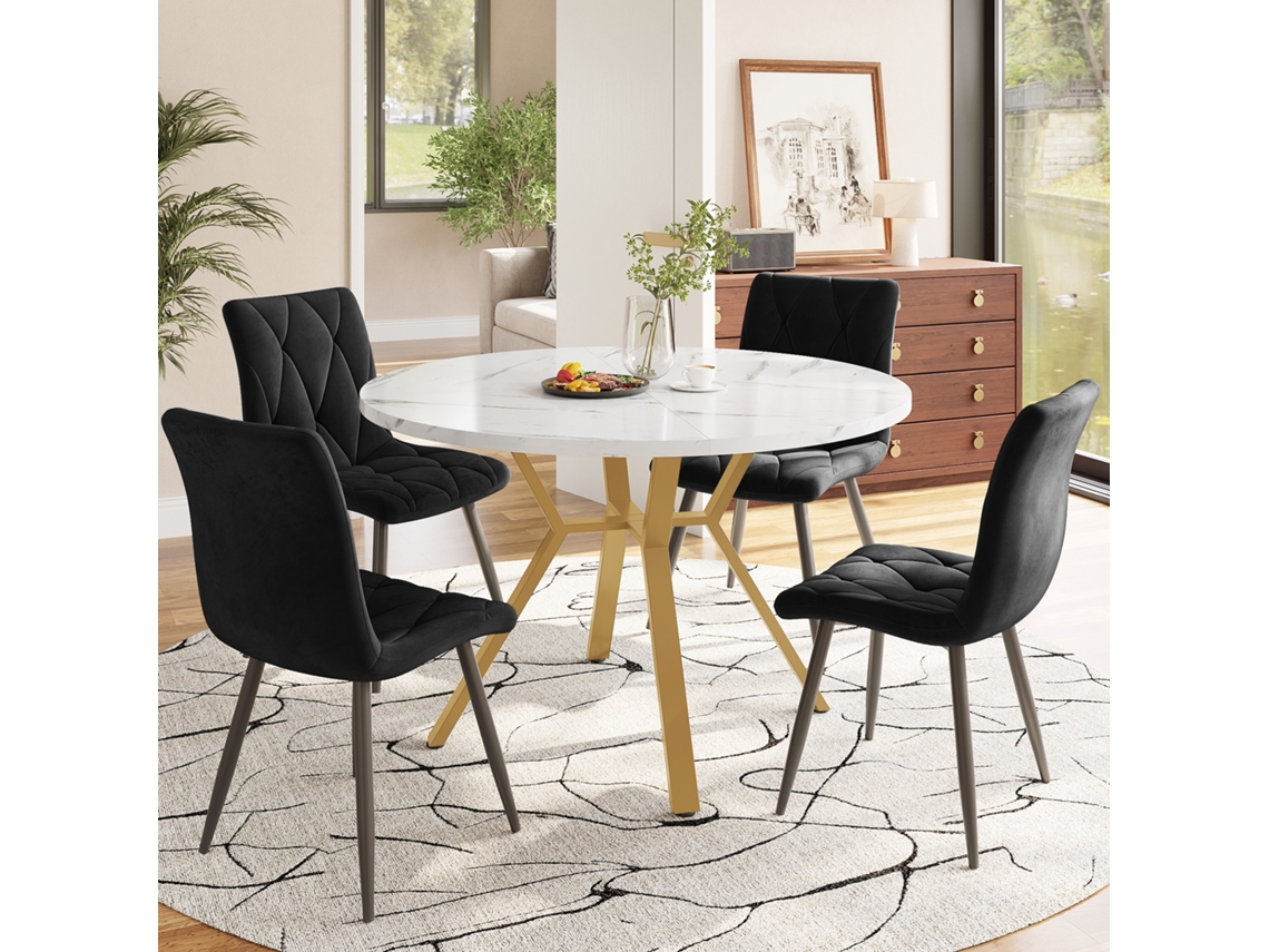 Conjunto Mesa Y Sillas 5 Piezas - Mesa Redonda De Mármol, Patas Metálicas Doradas, 4 Sillas De Terciopelo Ergonómicas - Negro, Dorado
