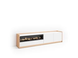 Mueble para TV, 207x37x50cm, para televisores de hasta 80'', chimenea eléctrica, blanco y roble claro.