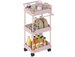 Carrito De Cocina De 3 Niveles, Cestas Extraíbles Y Toallero, Color Rosa.