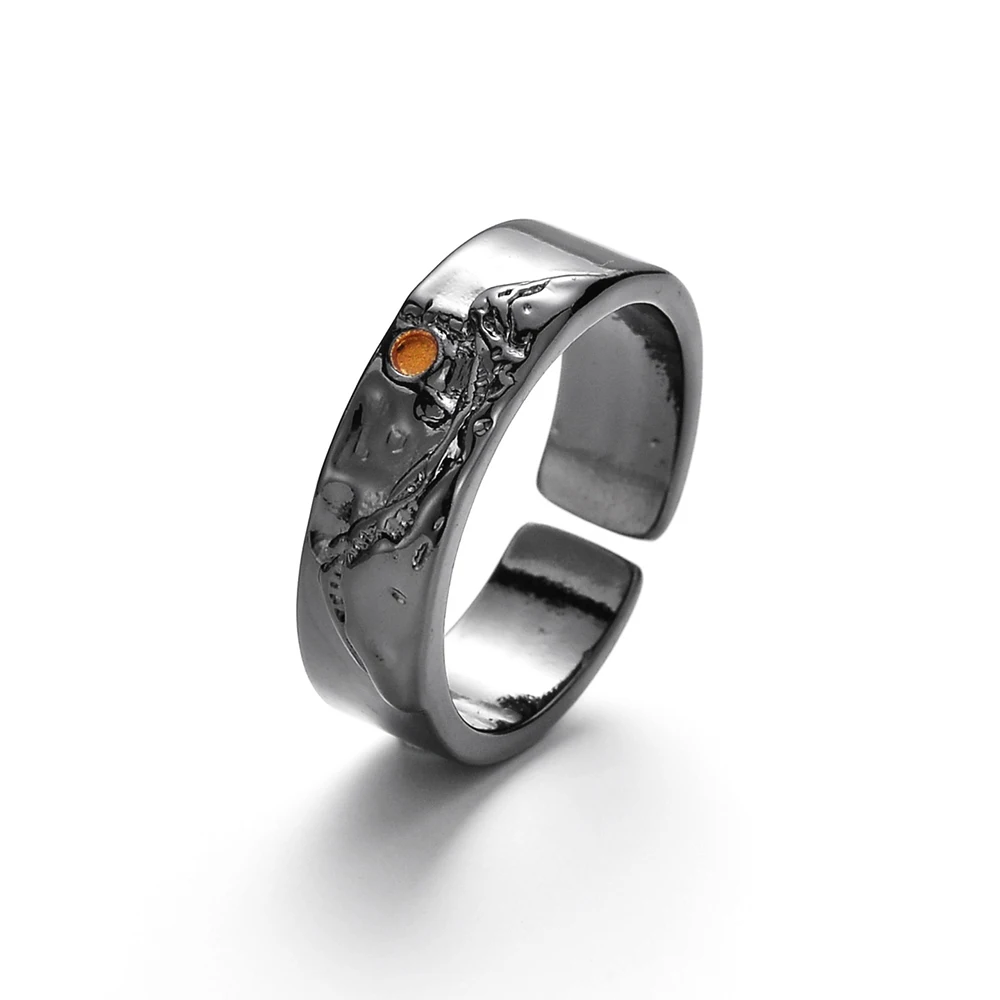 Anillo De Hombre Con Diseño De Montaña Y Luna, Banda Ajustable, Estilo Gótico Negro Único.