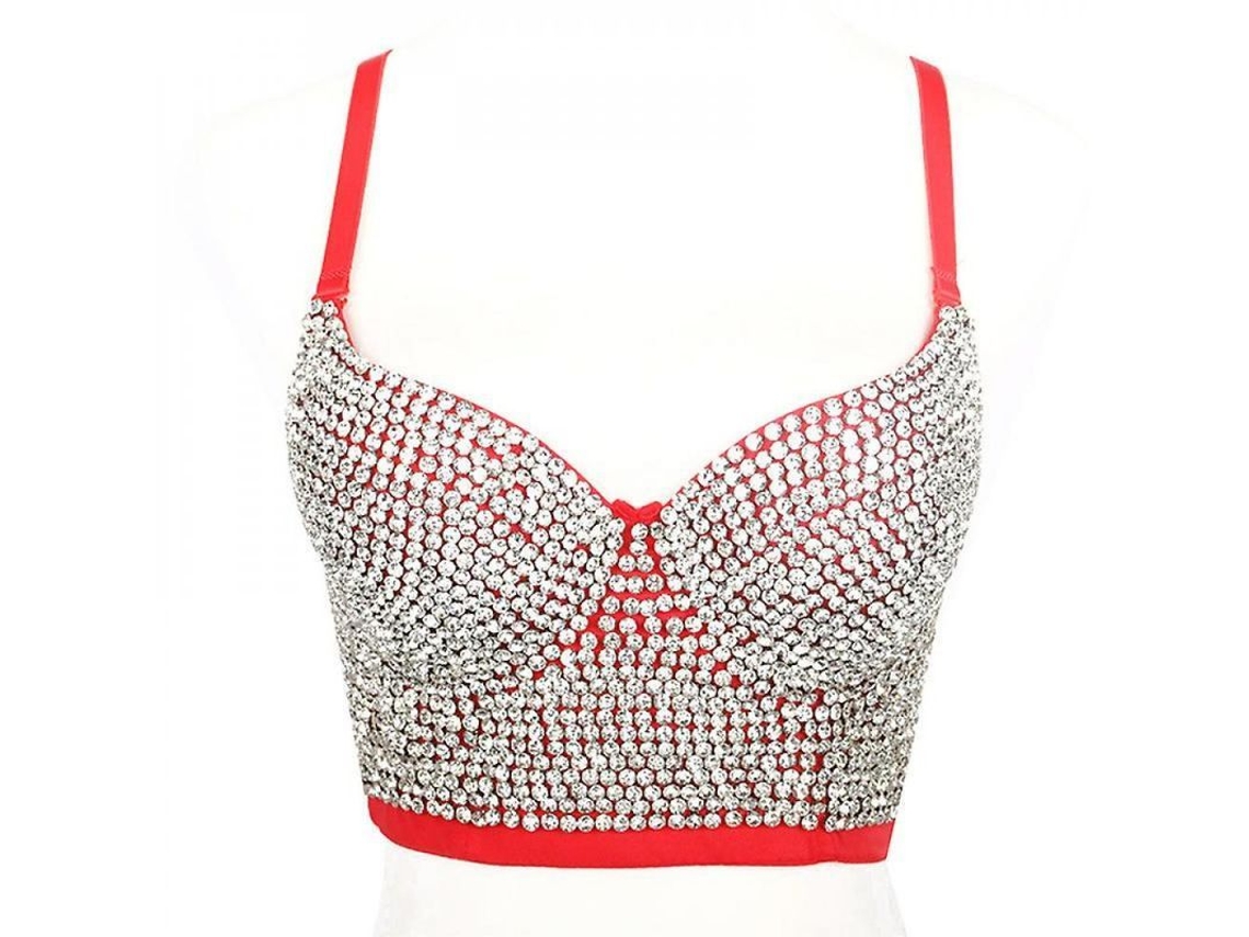 Top Crop Bustier De Encaje Con Piedras Strass Para Mujer, Corset Sexy Ufd 34b Rojo
