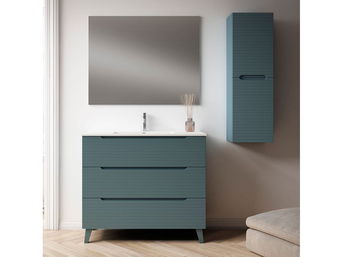 Mueble de baño con Lavabo, Espejo y Aplique LED BOREAL 100x45 cm acabado Azul Oceano mate 3 cajones con patas