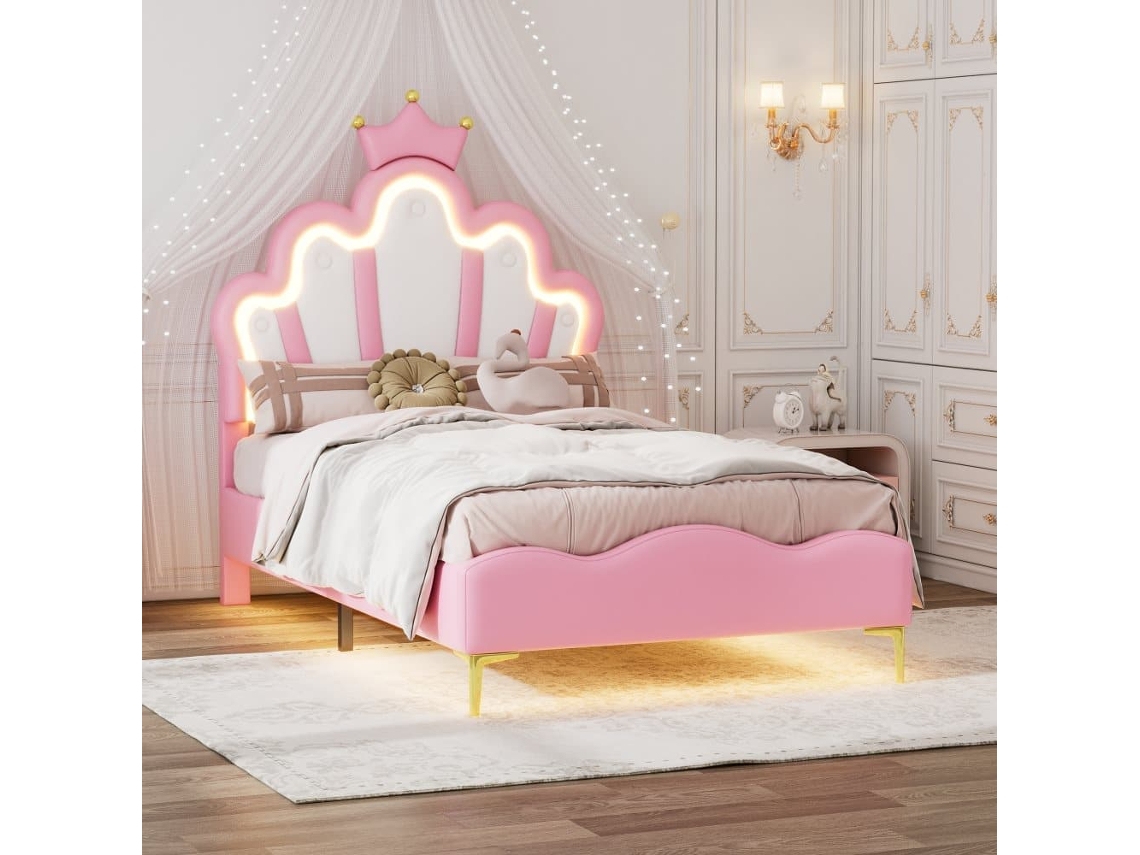 Cama Infantil 90x200cm Con Led - Cama Princesa Con Cojín De Piel Sintética - Rosa