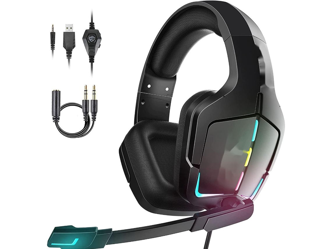 Auriculares para juegos, auriculares con luces LED y micrófono, auriculares para PC, auriculares supraaurales