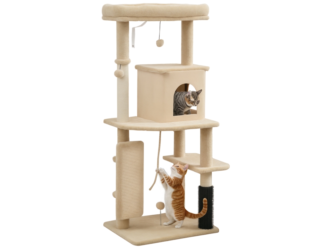 Arranhador Gatos 132 Cm Escova Bolas Almofada Bege