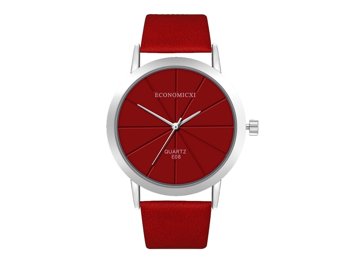 Reloj De Pulsera Unisex Minimalista De Piel Sintética Con Esfera Redonda Y Movimiento De Cuarzo Rojo.