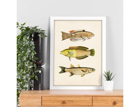Póster NACNIC de Tres Peces Amarillos, Beige, Verde y Naranja en , Fondo Papel Vintage.