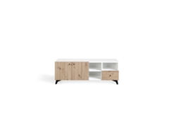 Mueble TV NOVER acabado en roble y blanco polar Patas metálicas negras 140x40x50cm MOMMA HOME