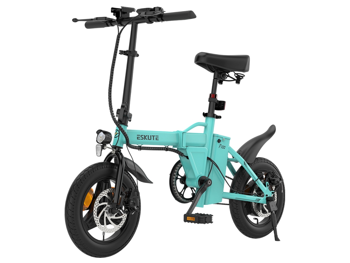 Bicicleta eléctrica plegable Eskute F100 de 14 pulgadas, motor de 250 W, batería de 36 V y 9 Ah, autonomía de 55 km, frenos de disco, pantalla LCD azul
