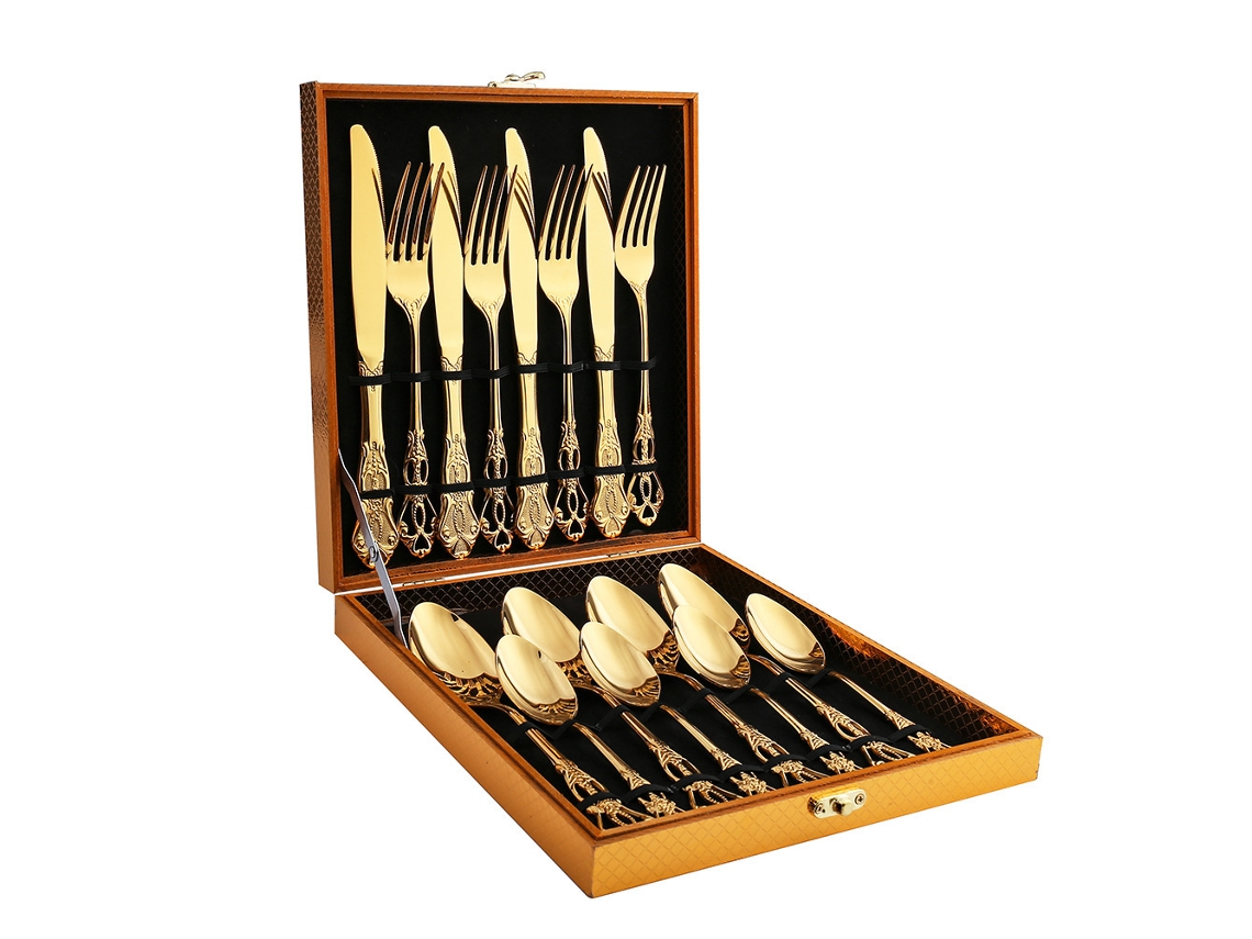 (juego De 16 Piezas - Dorado) Caja De Madera Con Cubiertos De Acero Inoxidable, Cuchillo, Tenedor Y Cuchara Con Relieve De Estilo Retro Europeo