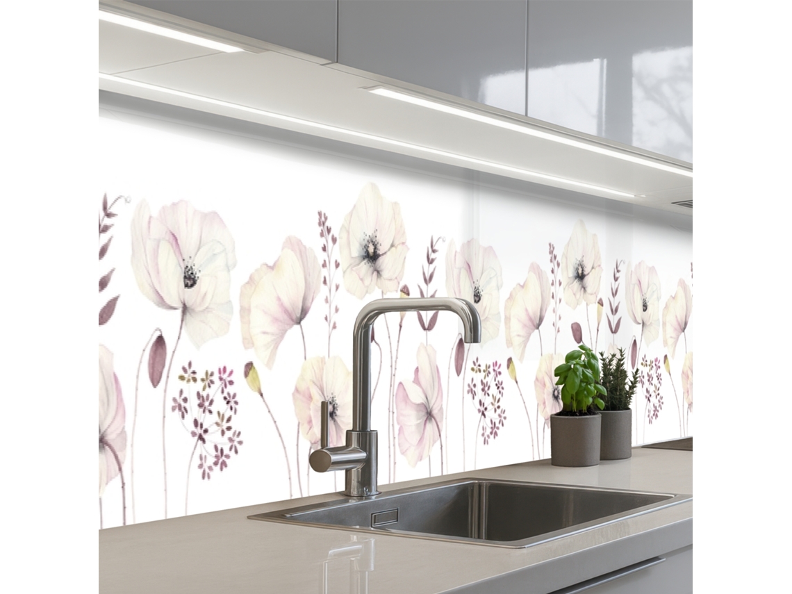 Paneles para salpicadero de cocina - Flores - Tonos pastel - Plantas - Blanco 350x60 cm