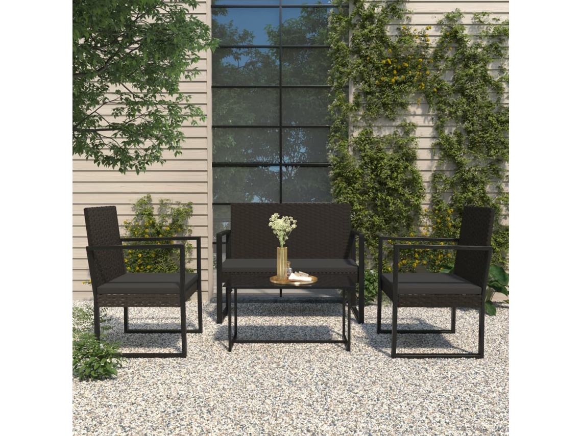 Conjunto de muebles de jardín con cojines de mimbre negros, Dkd Home Decor