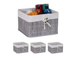 Conjunto De 4 Cestos De Arrumação Relaxdays, Bambu, Forro Em Tecido, Hbt: 20x31x31 Cm, Cinza/branco