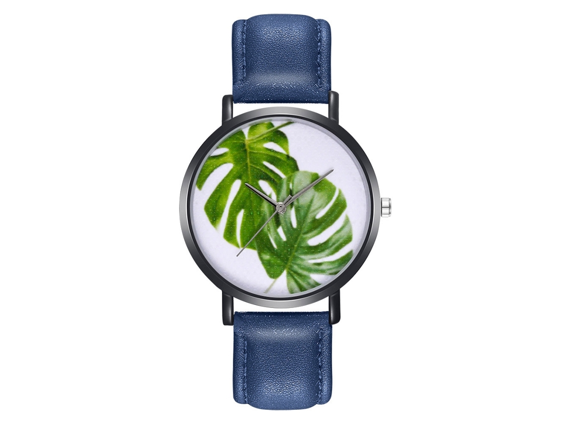 Reloj Analógico Unisex De Cuarzo Con Correa De Cuero Pu Hojas Verdes (azul)