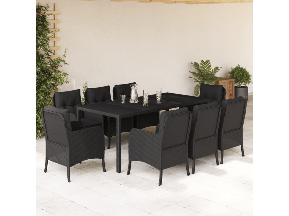 Juego de comedor de jardín de 9 piezas con cojines, mimbre sintético negro, DKD Home Decor