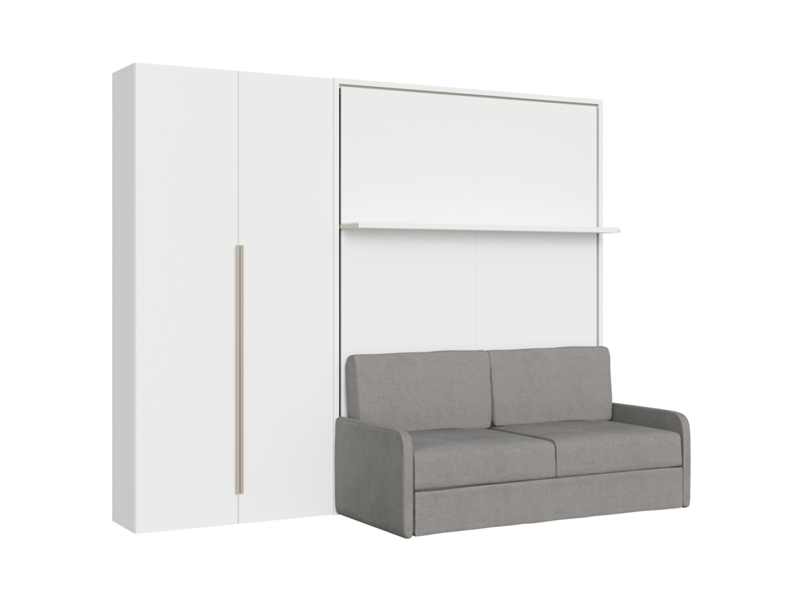 Cama Doble Abatible Vertical Versia Sofà 160 Con Sofá, Estante Y Armario Izquierdo 2 Puertas Blanco