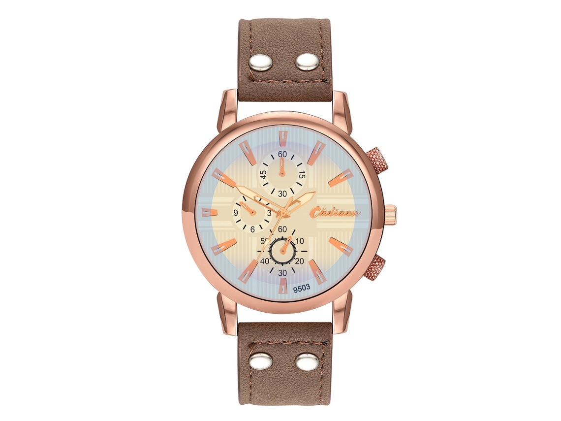 Reloj De Cuarzo Para Hombre Con Correa De Piel Sintética Y Esfera Con Diseño De Tres Ojos (marrón Oscuro Y Oro Rosa).