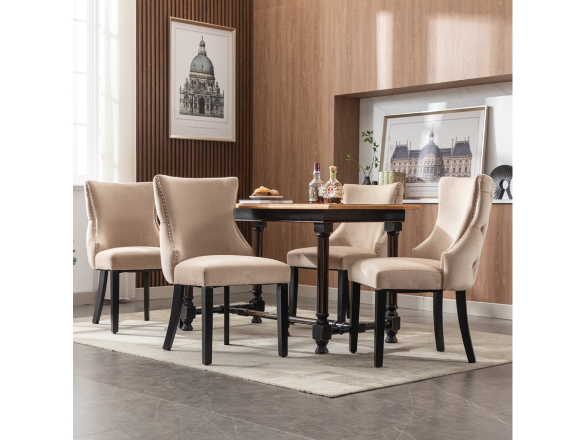 Silla De Comedor De 4 Patas, Terciopelo Beige, Capitoné, 4 Piezas.