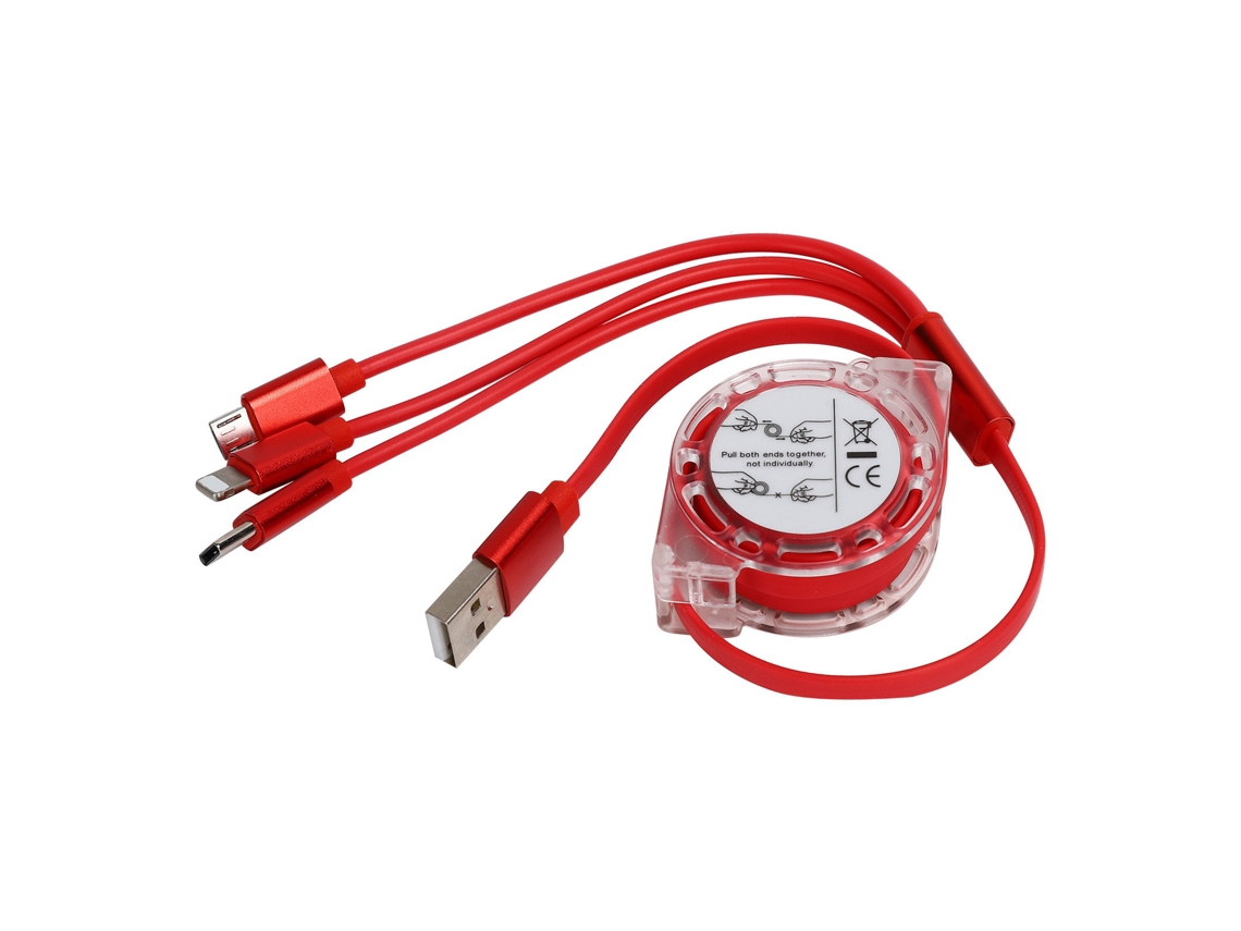 Cable De Carga Usb Retráctil 3 En 1 Trenzado De Nailon Para Puertos Ios/tipo C/micro Usb - Rojo