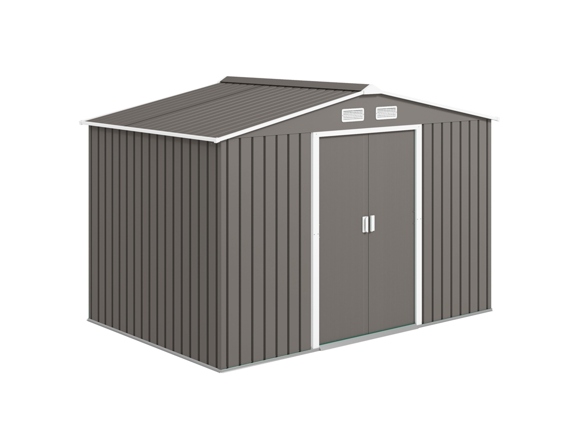 Caseta de jardín pequeña de 4,9 m² con cimientos de 4 aberturas de ventilación y 2 puertas correderas. Acero gris.