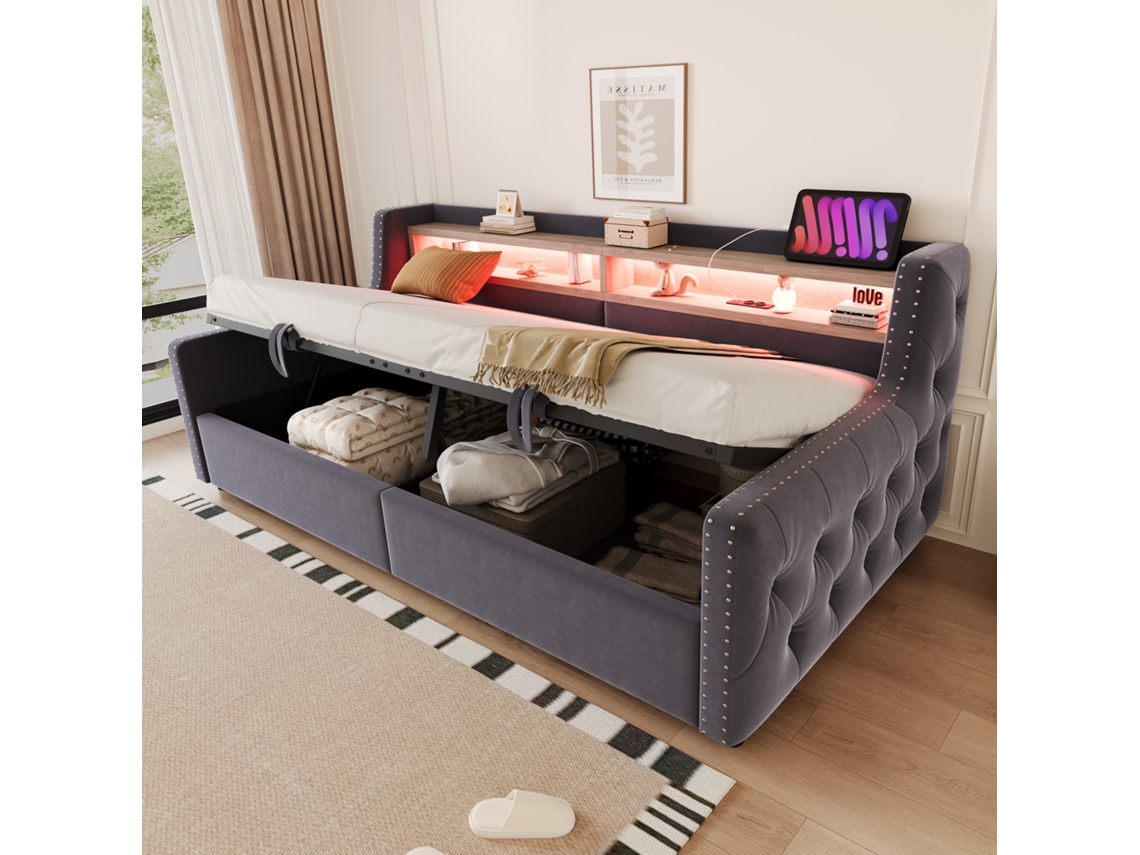 Cama Tapizada De 90x200 Con Compartimento De Almacenamiento Hidráulico, Iluminación Led, Puerto Usb Y Cabecero Reforzado, Color Gris.