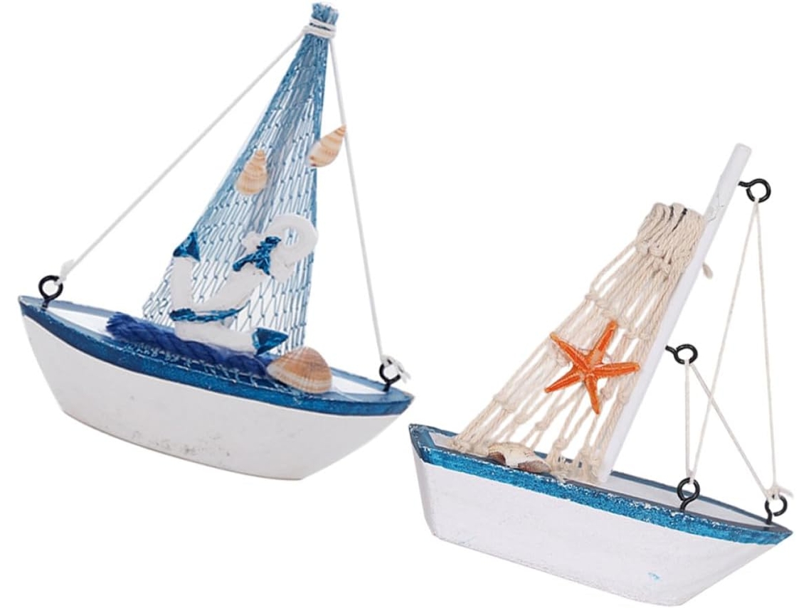 Conjunto 2 Maquetas Barcos Material Sintético Estilo Mediterráneo Decoración Práctica Segura Oficina Elegante