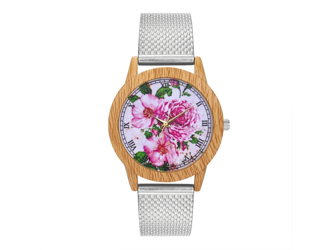 Reloj De Pulsera De Cuarzo Con Correa De Malla Y Dial Redondo Con Patrón Floral (plata)