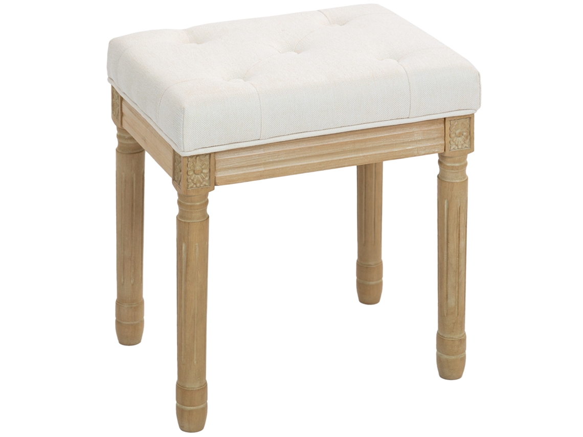 Puf Rústico, Lino Sintético, Patas De Madera, Asiento Acolchado Beige.