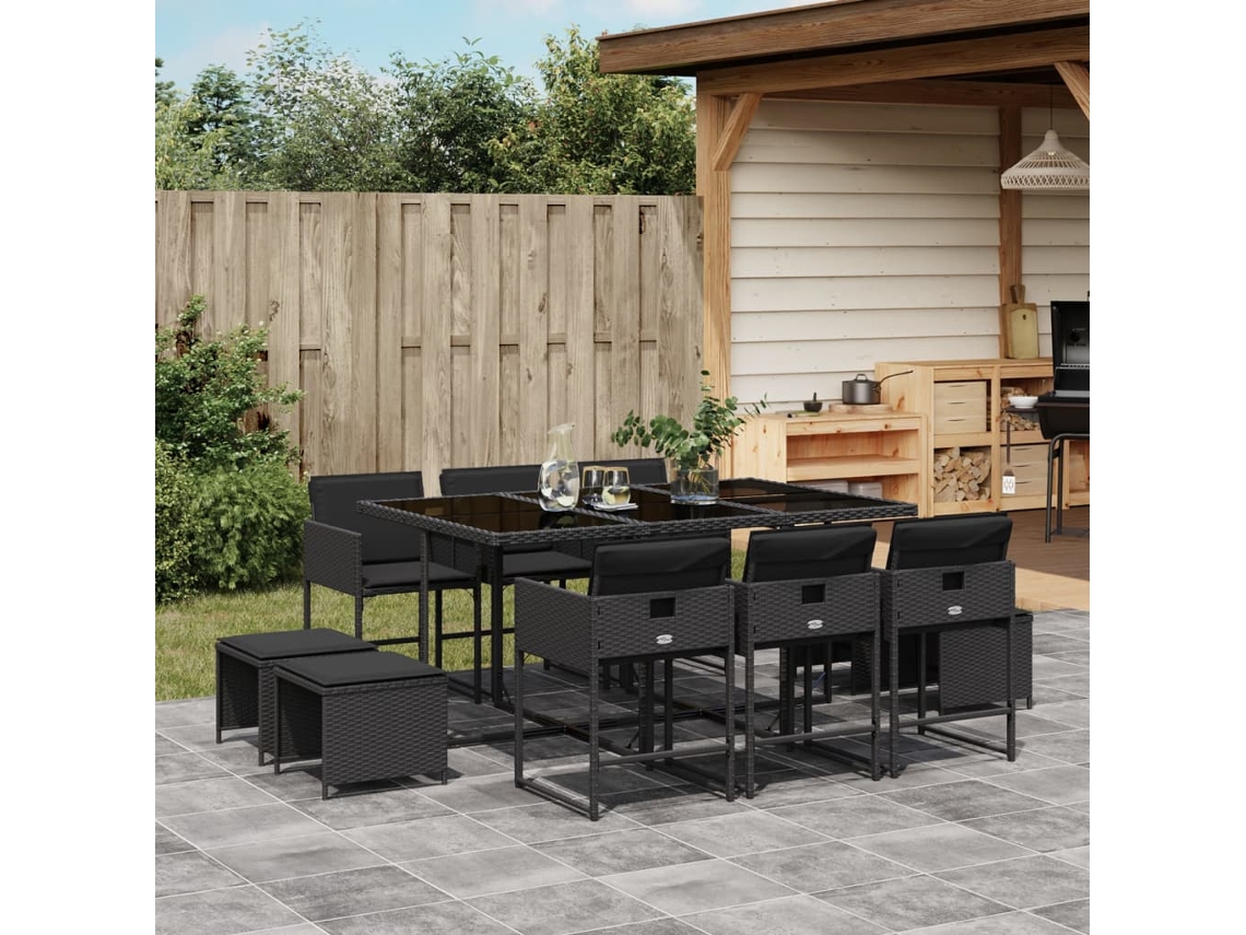 Juego de comedor de jardín de 11 piezas con cojines de mimbre negros de DKD Home Decor