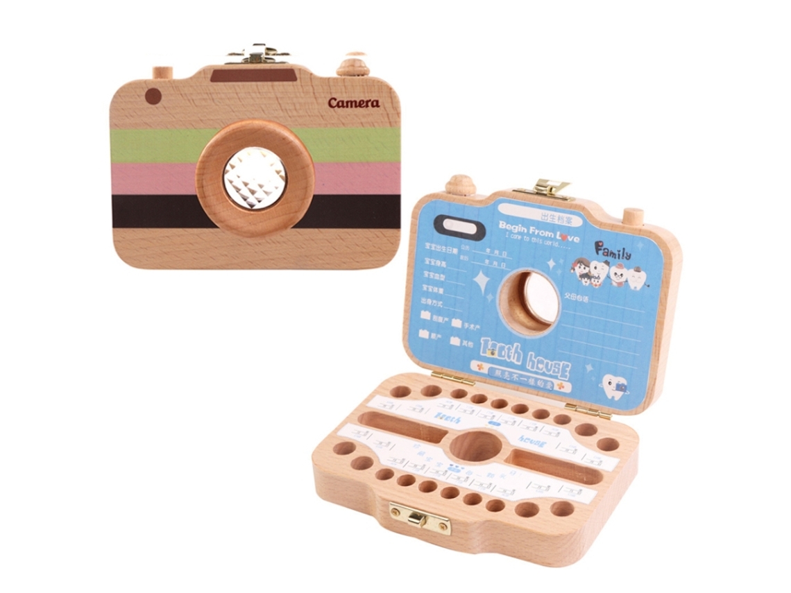 Creativa caja de madera para guardar los dientes de leche con forma de cámara infantil.