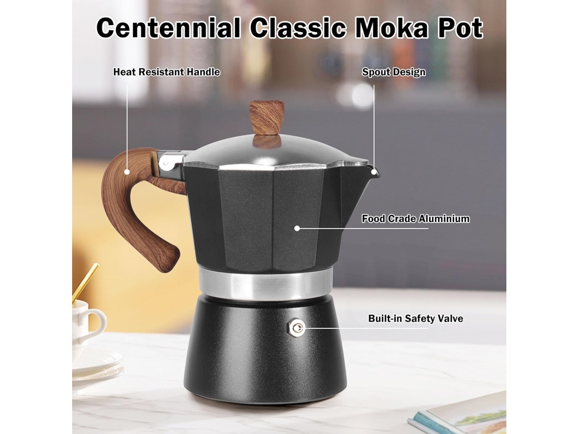 Cafetera italiana de aluminio de una sola válvula de 300 ml, color negro mate