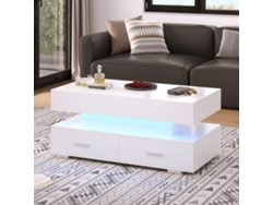 Mesa De Centro Hidráulica 100x50x44 Cm - Con Led, Control Por App Bluetooth, 2 Cajones Y Almacenamiento Abierto - Blanco