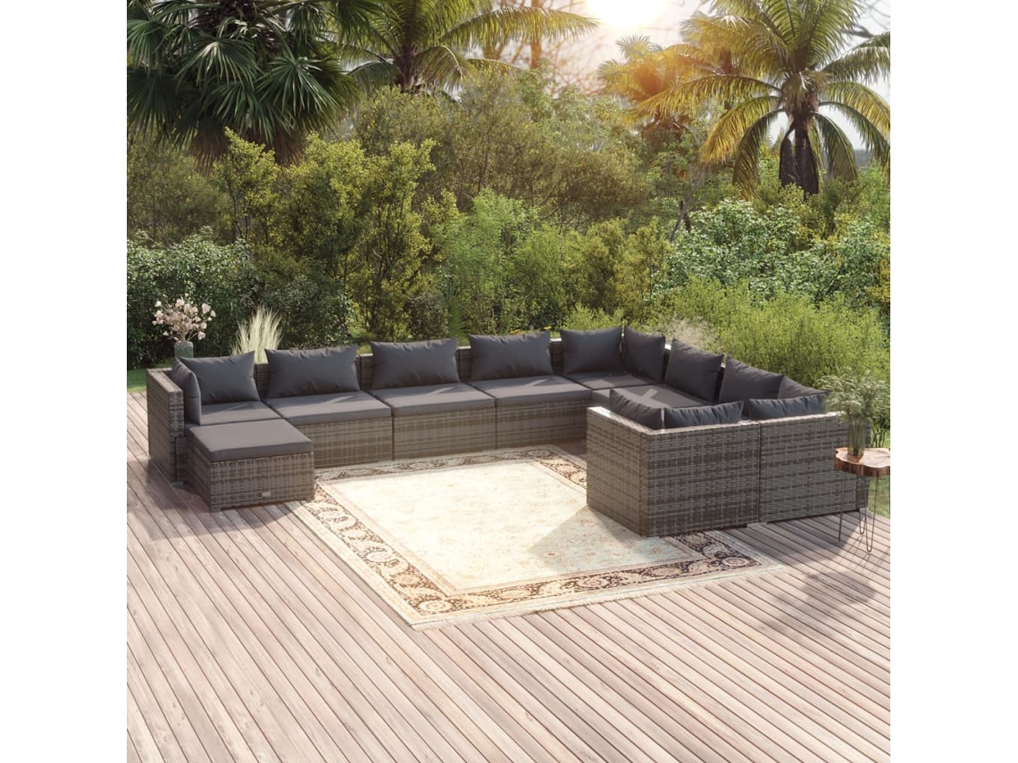 Conjunto de jardín de 10 piezas con cojines, mimbre gris, DKD Home Decor