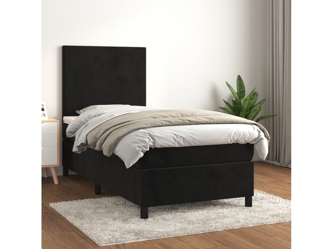 Cama Box Spring Con Colchón Terciopelo Negro 100x200 Cm