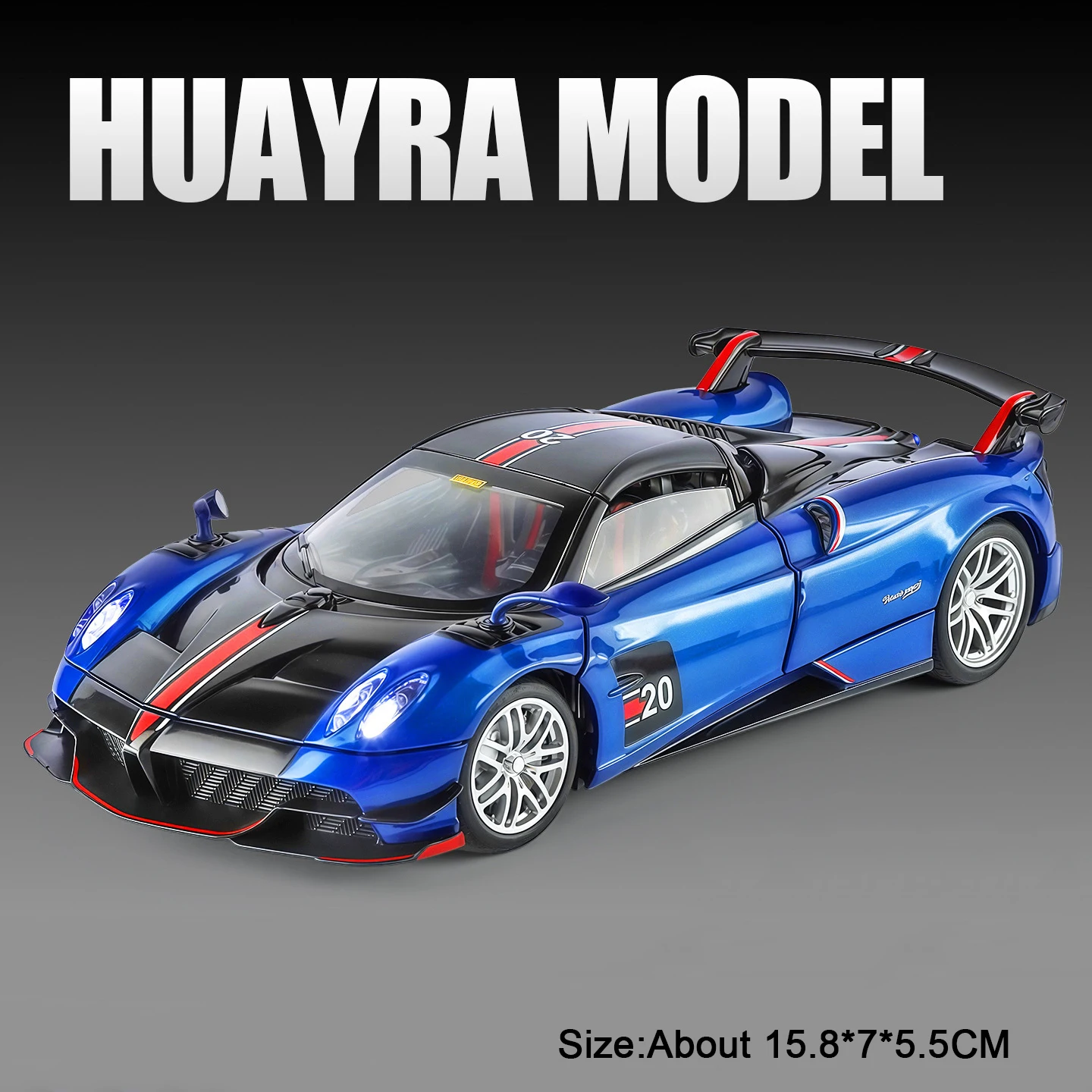 (huayra Bc Azul) Supercoche en miniatura a escala 1:32, fabricado en aleación de metal, con efectos de sonido y luz, un regalo ideal para niños.