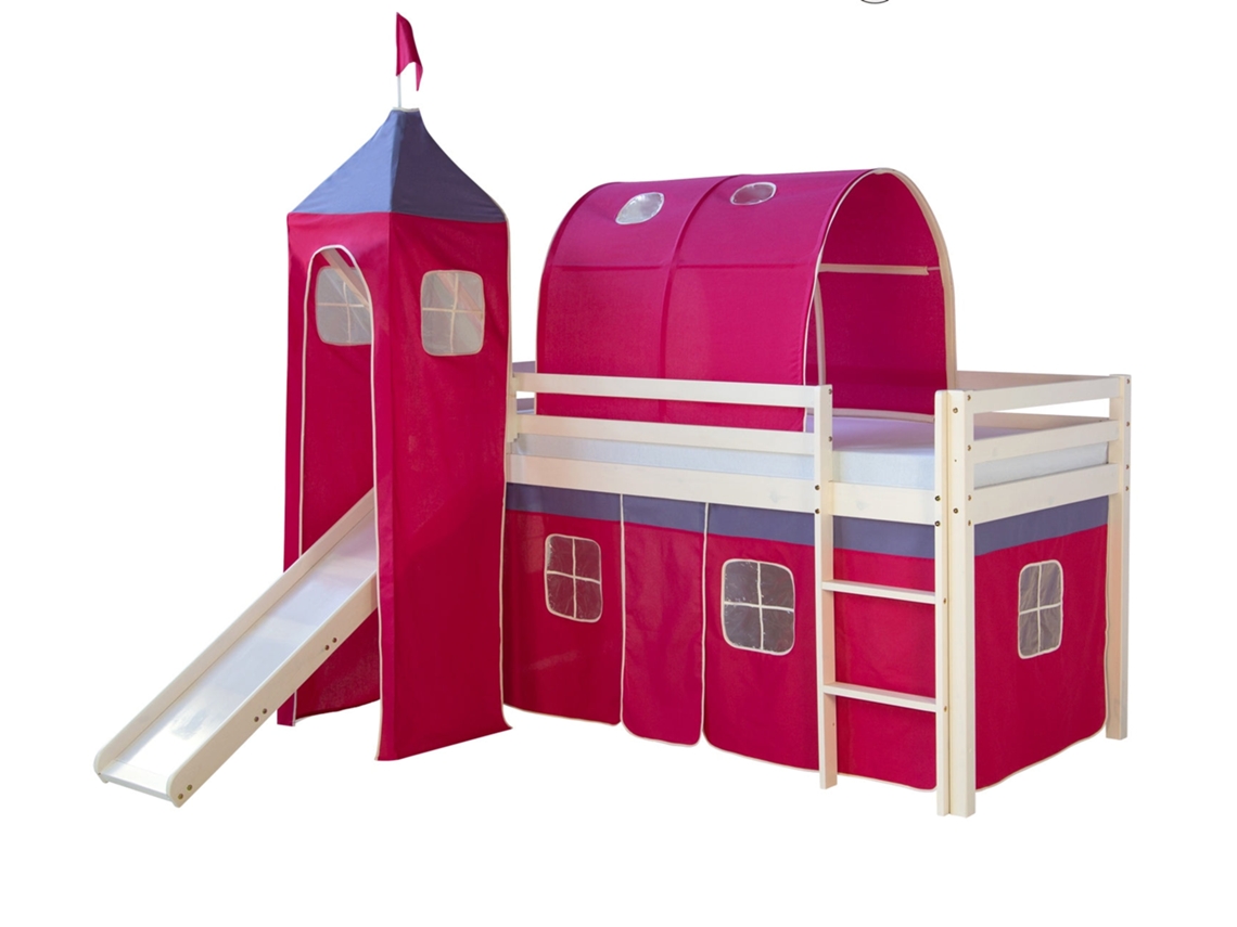 Cama Alta De 90x200cm Con Escalera Y Tobogán En Madera Lacada En Blanco Y Lona Rosa Oscuro Incluida Lit06010/3