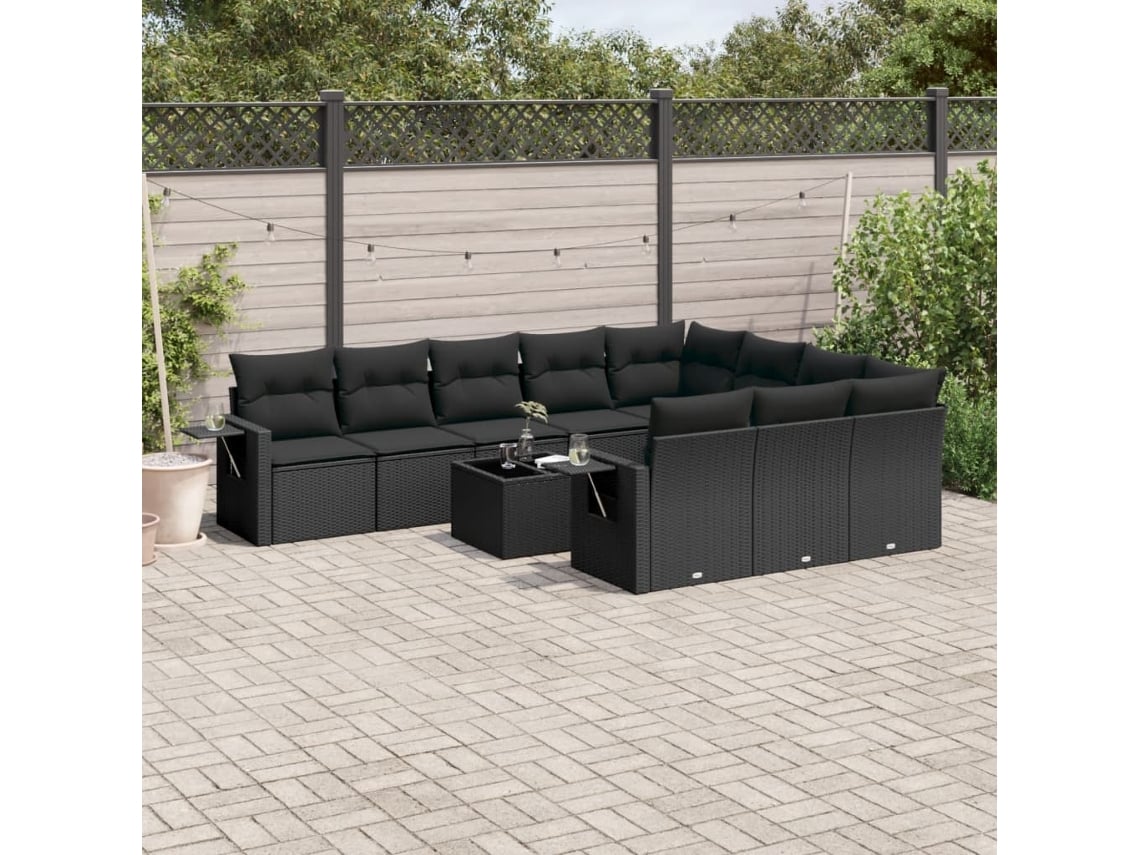 Conjunto de sofá de jardín de 11 piezas con cojines de mimbre sintético negro de DKD Home Decor