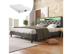 Cama Tapizada 140x200 Cm Con Almacenamiento, Cabecero, Iluminación Led, Somier De Madera, Estructura Resistente, Gris, Con Colchón.