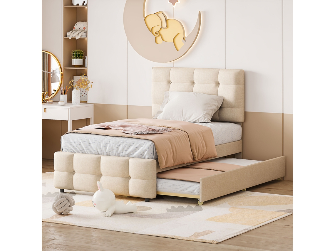Sofá Cama Extensible De 90x200 Cm Con Cajones, Tapizado En Lino Beige, Plegable, Apto Para Niños E Invitados.