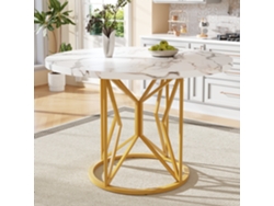 Mesa de comedor redonda con estructura de metal y diseño de mármol para 2 a 6 personas, blanca y dorada, Mobrio