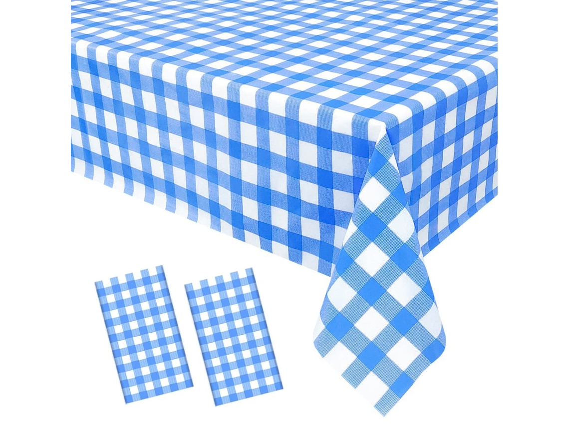 JILLIOPER Mantel rectangular desechable de plástico cuadros azul claro, ideal para picnic al aire libre, cocinas, vacaciones y fiestas de cumpleaños