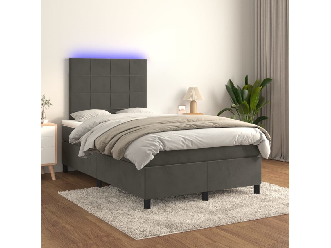 Cama Box Spring Colchón Y Led Terciopelo Gris Oscuro 120x200 Cm