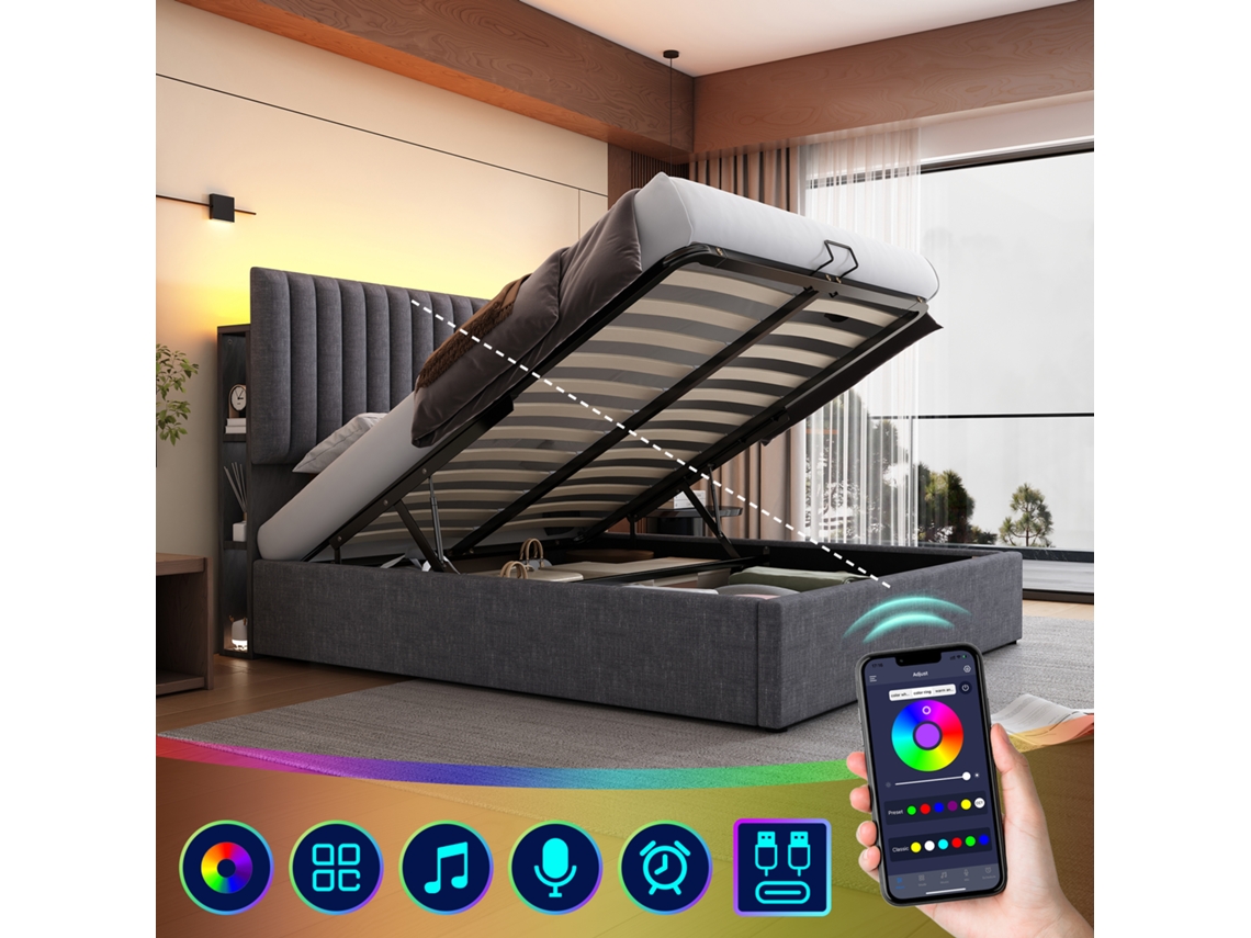 Cama Led De 160x200 Con Almacenamiento Usb-c, Gris.