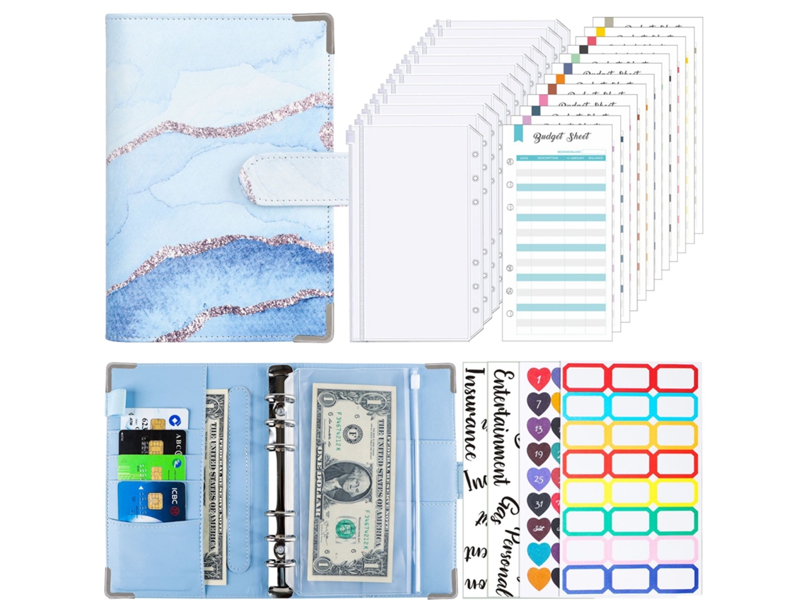 Cuaderno Siurn A6 de hojas sueltas en piel sintética con 12 sobres con cremallera para presupuestos y ahorros (azul)