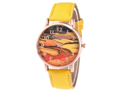 Reloj De Pulsera Para Parejas Con Correa De Piel Sintética, Esfera Redonda De Moda Y Movimiento De Cuarzo Amarillo.